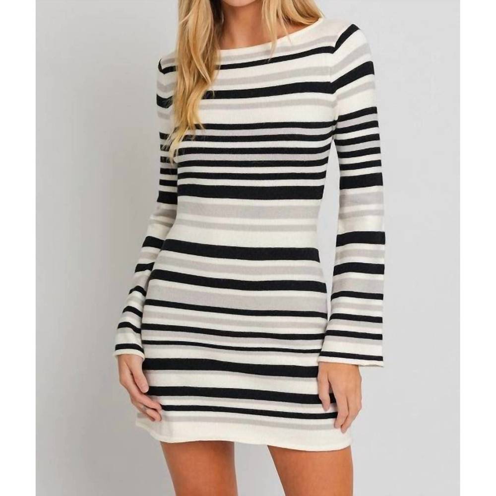 NEW LE LIS boat neck bell sleeve sweater dress in white/black stripe